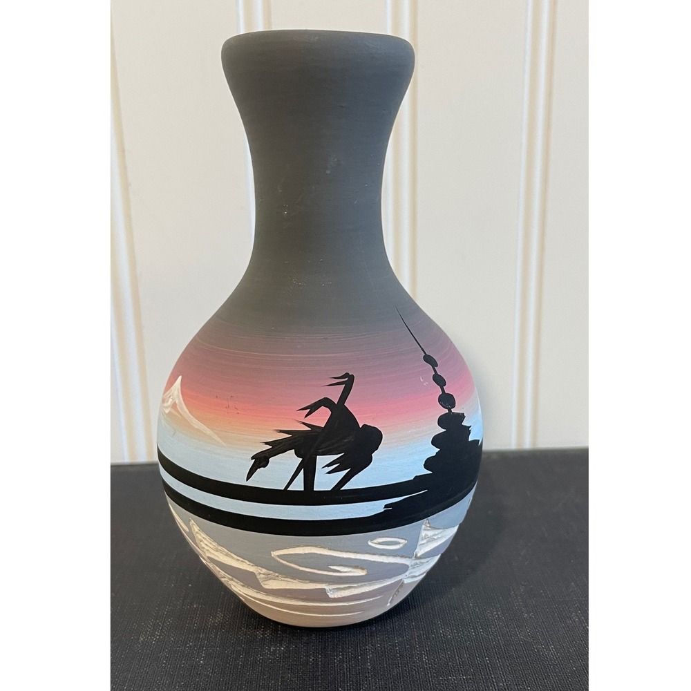 Navajo Ceramic‎ Bud Vase Southwestern Sunset Landscape Scene Signed Pottery 5.5"